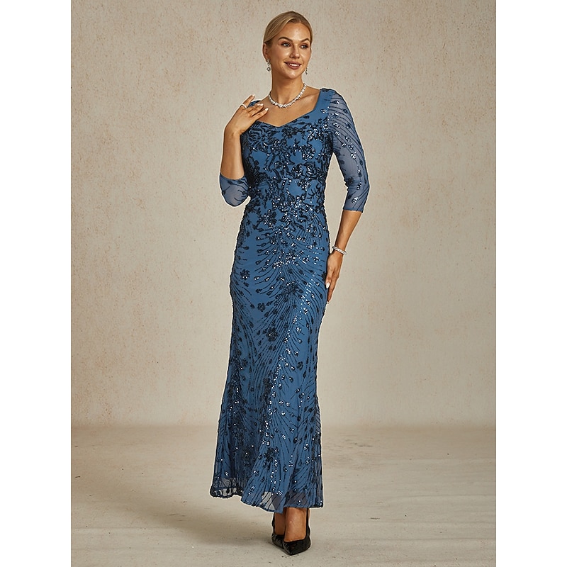 Women's Maxi Dress Sheath Dress Trumpet Mermaid Dress Bodycon Dress Elegant Formal Cocktail Evening Party Floral 3/4 Length Sleeve V Neck Peacock Blue Spring Fall Winter