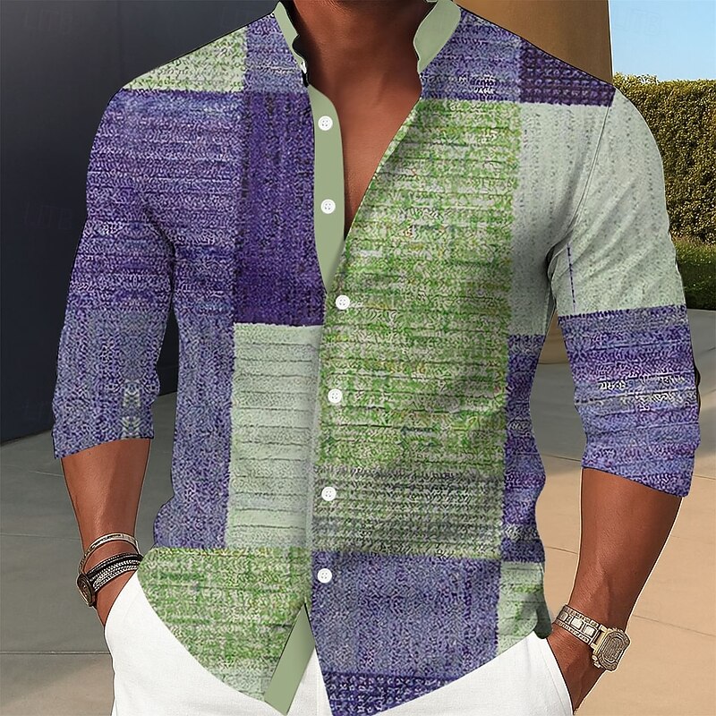 Men's Geometric Color Block Patchwork Shirt Stand Collar Shirt Long Sleeve Fashion Casual Dailywear Holiday Spring Fall Mandarin Collar Band Collar 3D Print Button Up Shirts Blue Purple Green Gray3