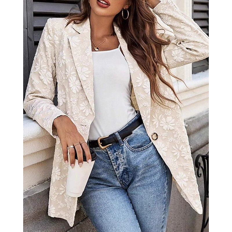 Women's Blazer Comfortable Print Elegant Fashion Outdoor Flower Going out Casual Daily Weekend Cardigan Regular Lapel Regular Fit Long Sleeve Outerwear Khaki Spring Fall