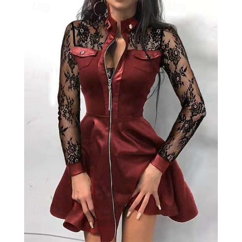 Women's Mini Dress Black Dress Leather Dress Fashion Modern Outdoor Party Going out Regular Fit Houndstooth Long Sleeve Stand Collar Wine Spring Fall Winter Autumn