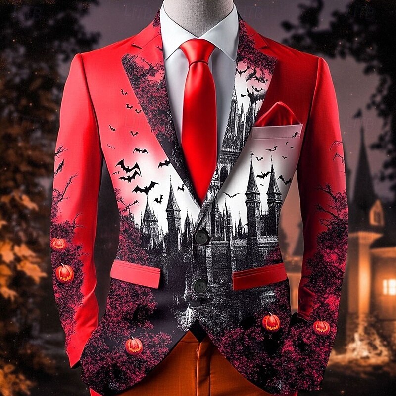 Men's Bat Castle Blazer Jacket Comfortable Artistic Casual Party Evening Wear Daily Festival 3D Print Buttons Multi Pocket Spring Fall & Winter Flat collar Long Sleeve Red Orange Green2