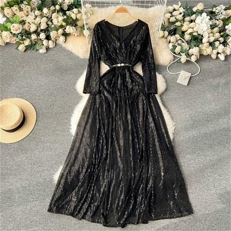 Women's Midi Dress Sequin Dress Elegant Fashion Modern Outdoor Party Daily Regular Fit Plain Long Sleeve V Neck Black White Yellow Red Spring Autumn4