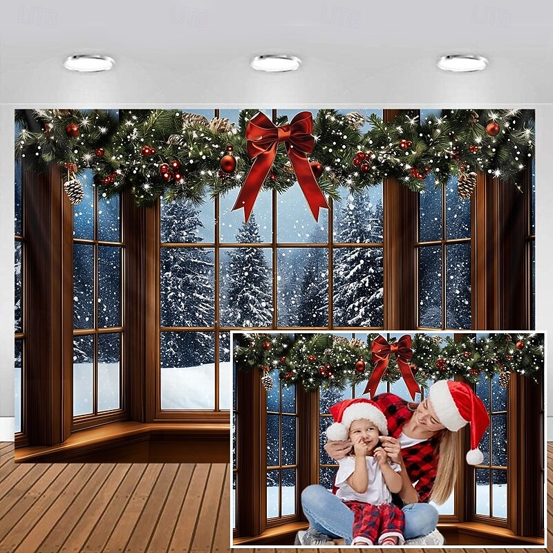 Chrismas Hanging Tapestry Snowy Window Scene Christmas Wreath Large Wall Art Mural Decor Blanket Curtain Holiday Home Bedroom Living Room Festive Party Decoration2