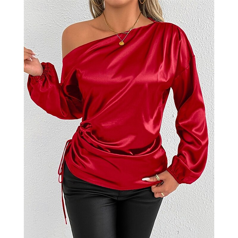 Women's Shirt Elegant Dressy Satin Solid Color Plain Stylish Casual Long Sleeve Cold Shoulder Regular Tops Daily Going out Asymmetric Red Summer Spring Fall2
