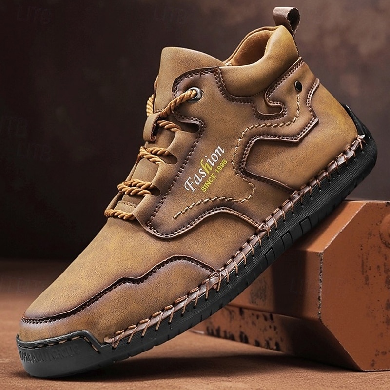 Men's Khaki Casual Work Shoes Durable Lace-Up Outdoor Sneakers with Anti-Slip Grip Sole for Hiking, Camping, Driving and Daily Activities