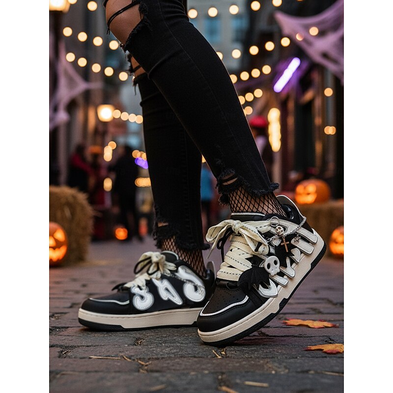 Women's Black and White Halloween Skull Lace-Up Sneakers with Bat Charms – Gothic Streetwear Style for Festival Nights and Costume Parties3