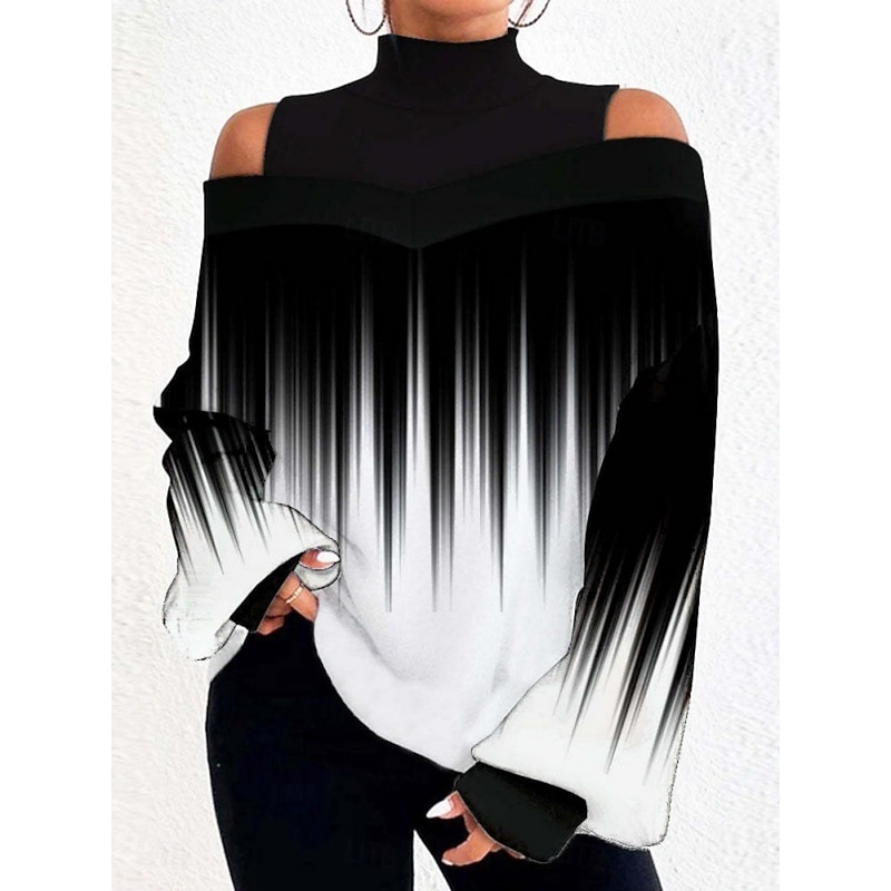 Women's Blouse Geometric Plaid Stylish Casual Long Sleeve High Neck Regular Tops Daily Patchwork Print Black White Khaki Gray Spring Fall Winter