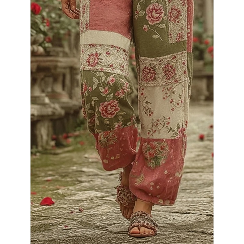 Women's Wide Leg Pants Trousers Fashion Streetwear Full Length Mid Waist Floral Pocket Elastic Waist Print Comfy Breathability Micro-elastic Outdoor Dailywear Daily Pink Spring Fall Regular Fit3