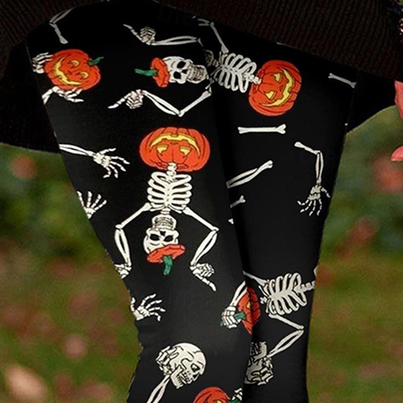 Women's Leggings Cozy Leggings Basic Casual Full Length High WaistPantsHalloween Skull Pumpkin Printing Thermal Warm Comfortable Stretchy Vacation Casual Daily Black Fall Winter Slim Fit2