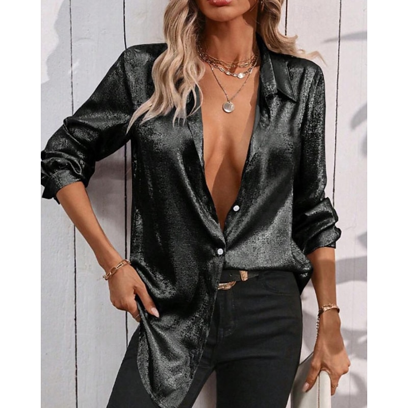 Women's Shirt Blouse Plain Elegant Stylish Long Sleeve Shirt Collar Regular Tops Holiday Going out Buttons Black Gold Spring Fall