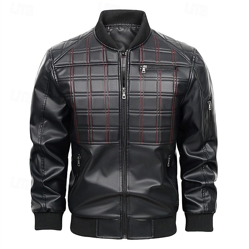 Men's Faux Leather Jacket Biker Jacket Motorcycle Jacket Vacation Daily Windproof Warm Pocket Fall Winter Plaid Fashion Classic Stand Collar Regular Black Jacket2