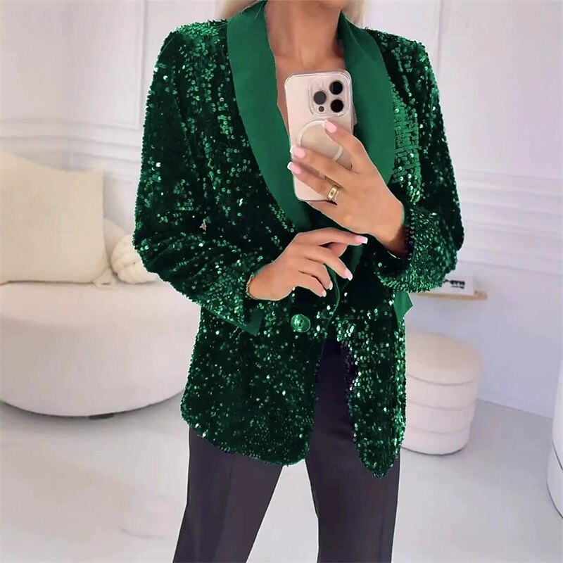 Women's Blazer Comfortable Pocket Elegant Fashion Outdoor Sequin Going out Casual Daily Weekend Cardigan Regular Lapel Regular Fit Long Sleeve Outerwear Black Red Blue Spring Fall2