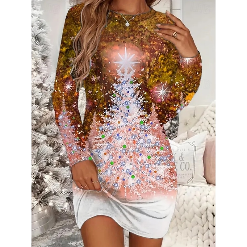 Women's Mini Dress T Shirt Dress Tee Dress Shift Dress Vacation Casual Daily Holiday Date Regular Fit Graphic Christmas Tree Long Sleeve Crew Neck Red Blue Brown Green Spring Fall Winter4