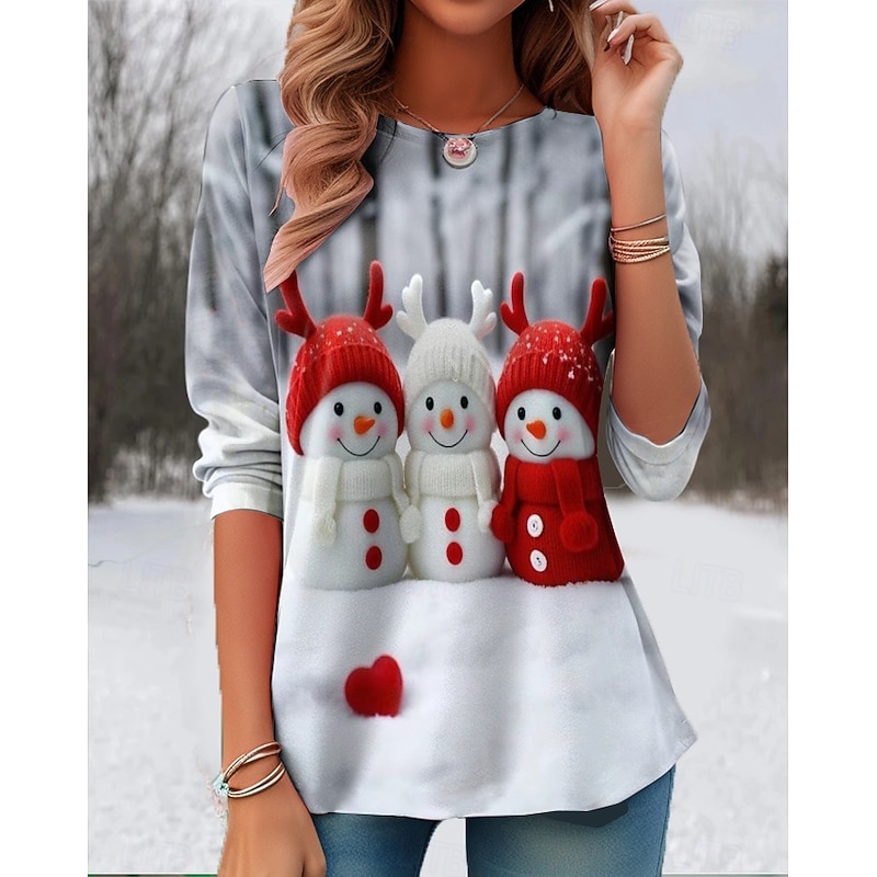 Christmas Women's T Shirt Santa Claus Snowflake Vintage Stylish Classic Long Sleeve Crew Neck Round Neck Regular Tops Weekend Print Black Red Blue Light Grey Winter4