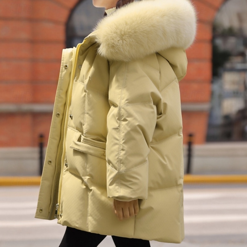 Kids Girls' Down Jacket Outdoor Jacket Puffer Jacket Solid Color Fashion Fur Trim Keep Warm Windproof Outdoor Coat Outerwear 4-12 Years Fall Black Yellow Red2