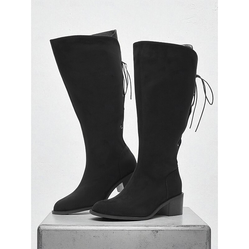 Women's Extra Wide Calf Knee High Boots – Black Casual Faux Suede Style Boots with Block Heel for Plus Size Comfort and Everyday Wear2