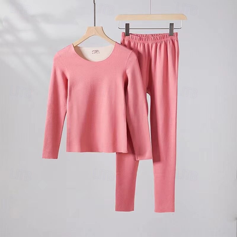 Women's Cold Weather Top Bottom Base Layer Top & Bottom Thermal Underwear Set Winter Thick Solid Color Clothing Suit rice white Dark Pink Gym Pilates Yoga Warm Long Sleeve Sport Activewear Tight Fit3
