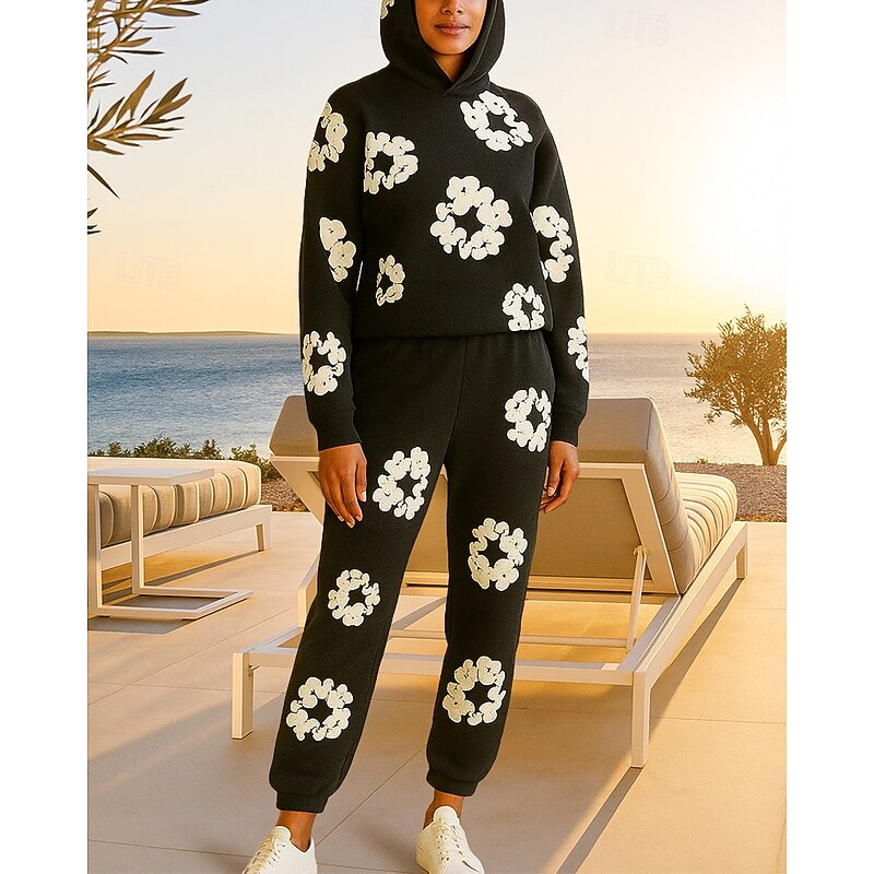 Women's 2 Piece Tracksuit Lounge Hoodie Sweatsuit Sets Baggy Print Floral Print Clothing Suit Fall Black Red Vocation Outdoor Travel High Waist Lightweight Fashion Long Sleeve Sport Activewear