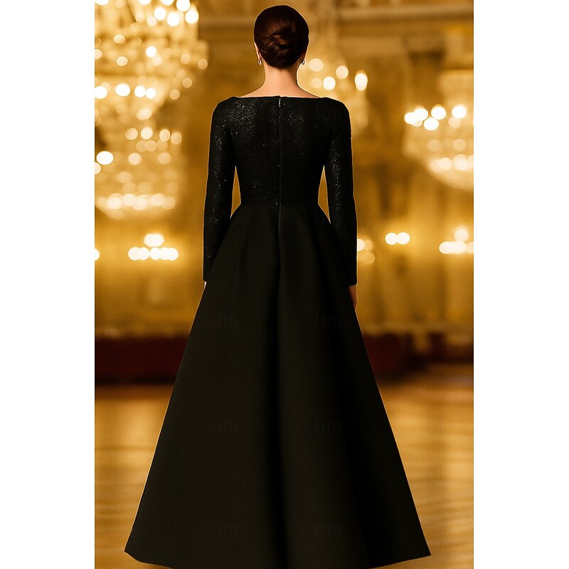 Black Red A-Line Evening Gown Elegant Dress Formal Wedding Asymmetrical Long Sleeve One Shoulder Pocket Satin with Glitter Shawl 20252