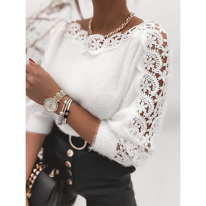 Women's Sweater Elegant Casual Soft Pure Color Ribbed Crew Neck Knitted Long Sleeve Regular Tops Knit Outdoor Daily Weekend White Spring Fall