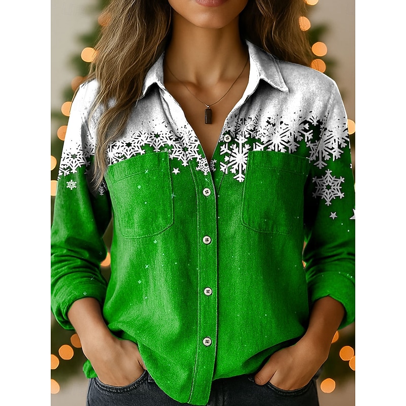 Christmas Women's Shirt Graphic Snowflake Elegant Vintage Tropical Long Sleeve Shirt Collar Regular Tops Daily Holiday Pocket Buttons Print Red Blue Purple Brown Green Spring Fall Winter2