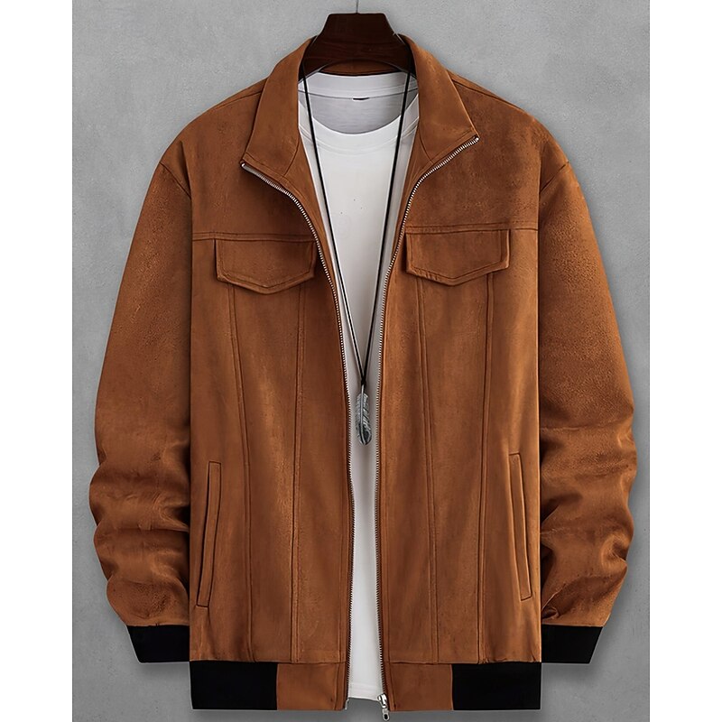 Men's Faux Suede Jacket Casual Jacket Vacation Daily Warm Pocket Fall Winter Plain Fashion Classic Standing Collar Regular Black Green Coffee Jacket2