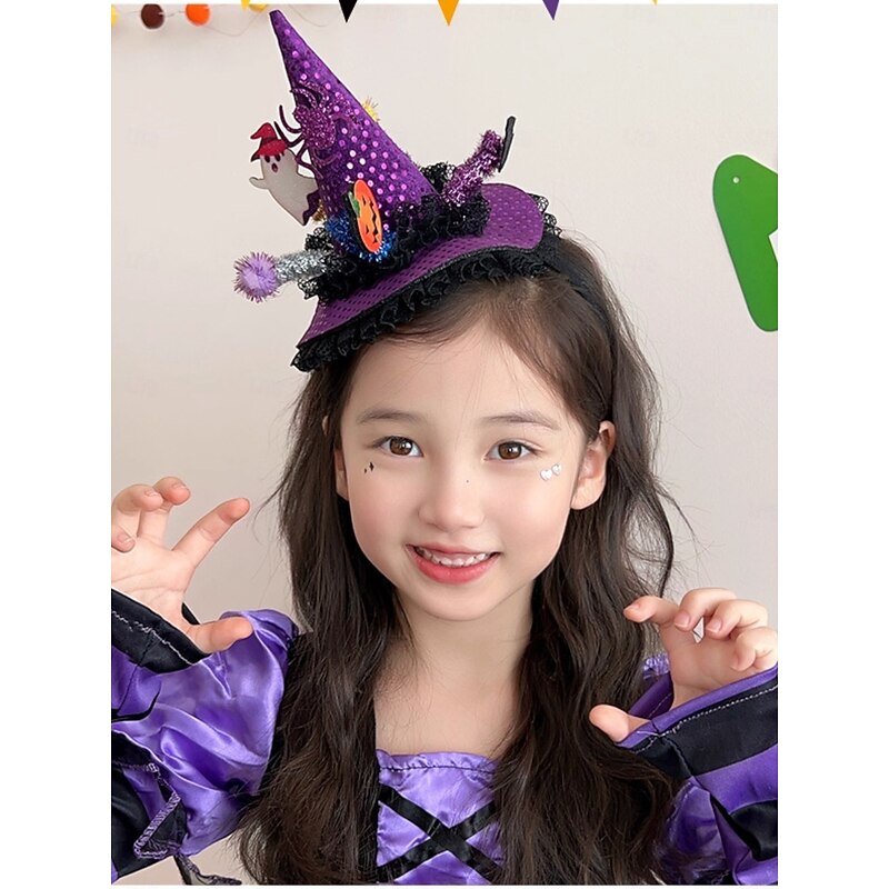 Women's Halloween Purple Witch Hat Headband - Glitter Cone Hair Accessory with Pumpkin and Ghost Decorations for Costume Party and Cosplay3