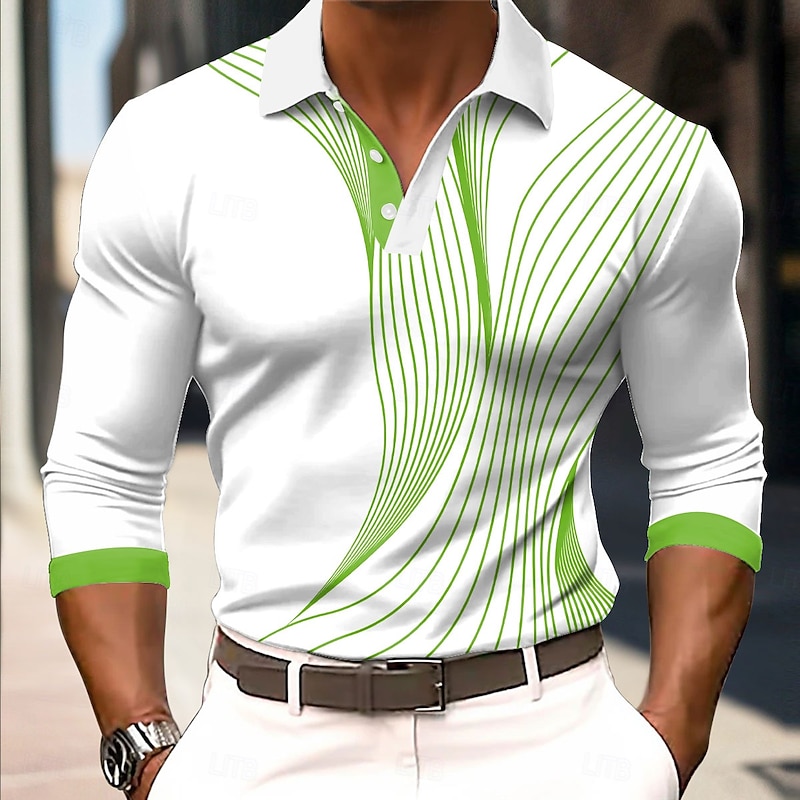 Men's Geometic Line Polo Long Sleeve Polo Shirts Collared Shirts Business Casual Business Athleisure Daily Wear 3D Print Buttons Spring Fall Winter Red Blue Purple2