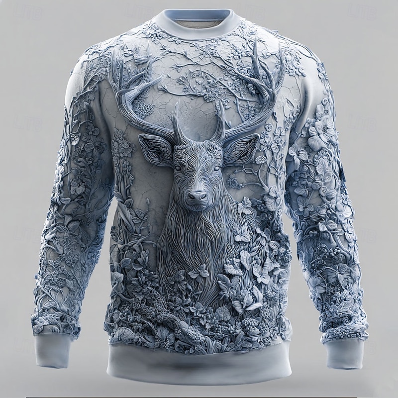 Men's 3D Print Deer Sweatshirt Casual Crew Neck Vacation Party Gift Red Blue Crewneck 3D All Seasons Designer2