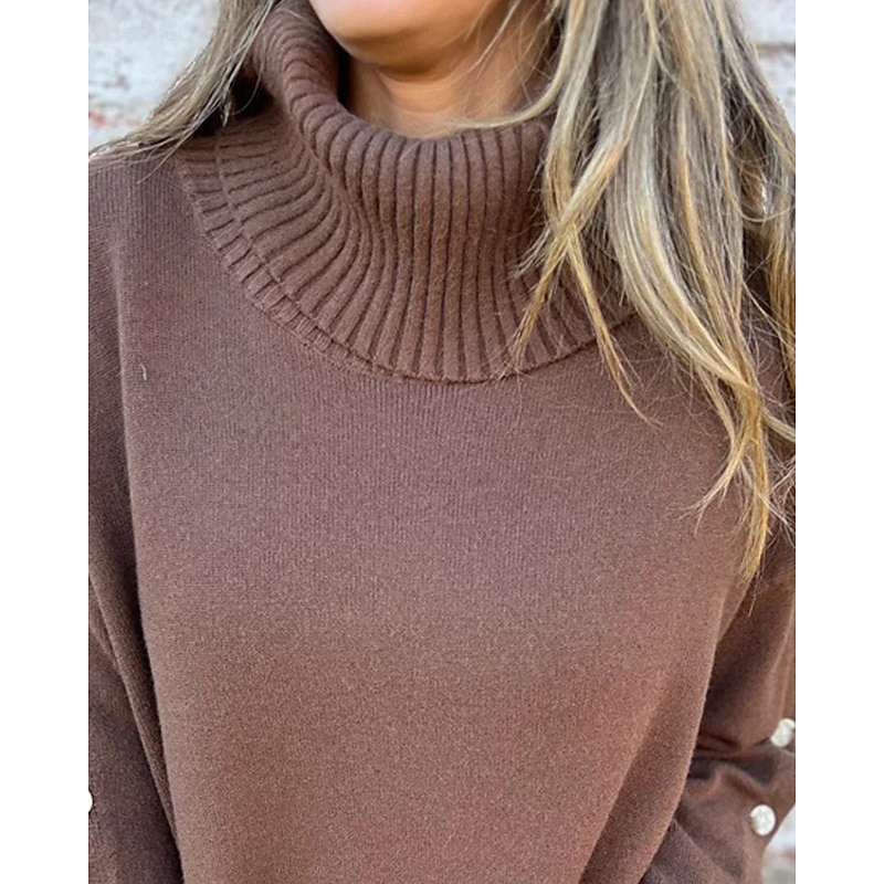 Women's Sweater Fashion Streetwear Casual Pure Color Ribbed Turtleneck Buttons Knitted Long Sleeve Regular Tops Knit Outdoor Daily Weekend Brown Fall Winter2