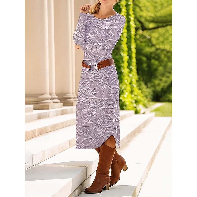 Women's Midi Dress Sheath Dress Shift Dress Casual Daily Regular Fit Floral Graphic Paisley Long Sleeve Crew Neck Pink Purple Apricot Gray Spring Fall Winter Autumn4