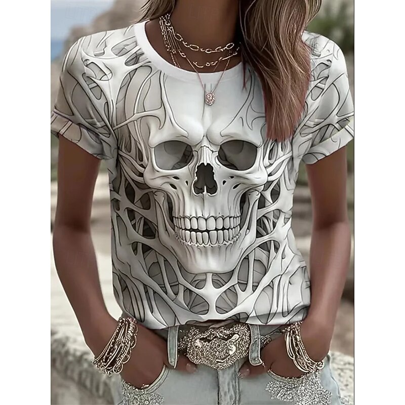 Halloween Women's T Shirt Skulls Graphic Vintage Fashion Stylish Short Sleeve Crew Neck Round Neck Regular Tops Daily Weekend Print Black White Light Grey Gray Fall Winter