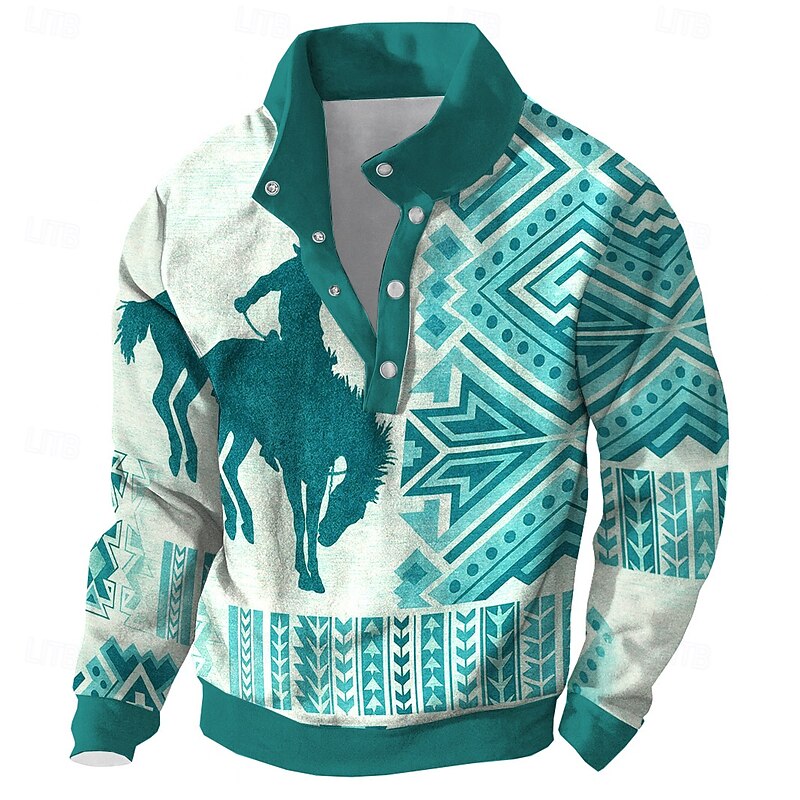 Men's Patchwork Sweatshirt Ethnic Vintage Retro High Neck Outdoor Home Sports Outdoor Blue Brown Buttons Fall Winter Designer4