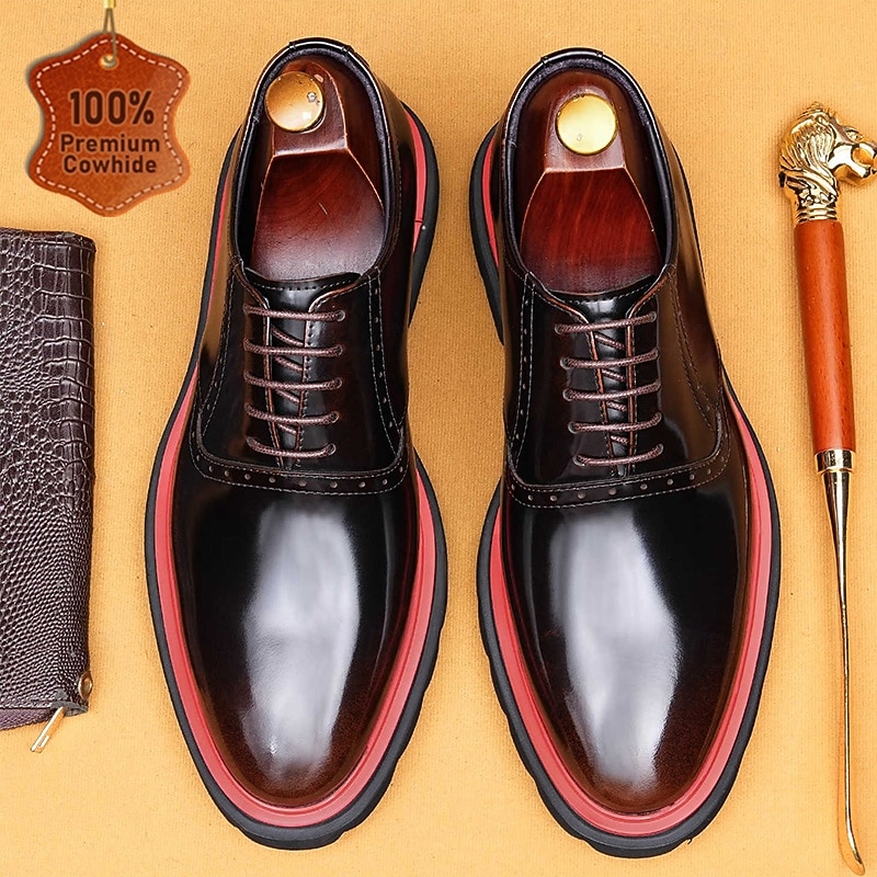 Men's Burgundy Glossy Oxford Shoes Classic Lace-Up Business Dress Footwear with Red Sole Accent for Weddings, Parties and Office Wear