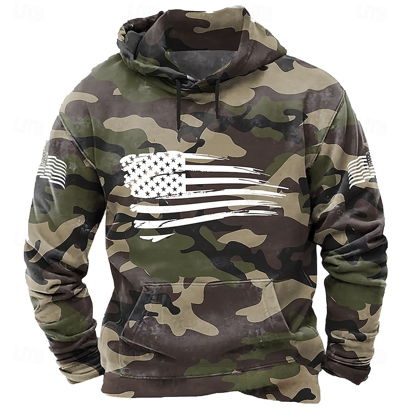 Men's Deer Hoodie Sweatshirt Tactical Crew Neck Outdoor Hunting Blue Green Drawstring Fall Winter Designer
