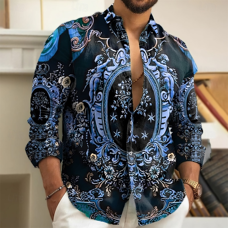 Men's Floral Print Baroque Shirt Button Up Shirt Long Sleeve Vintage Retro Holiday Casual Daily Spring Fall Turndown 3D Print Collared Shirts Yellow Blue Green2