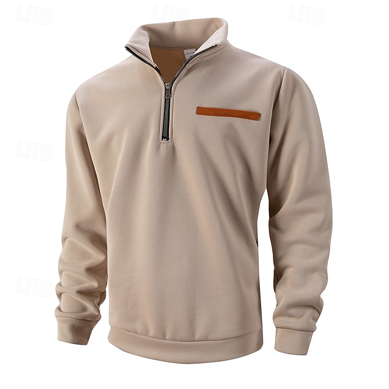 Men's Sweatshirt Fleece Sweatshirt Pullover Hoodie Sweatshirt Pullover Quarter Zip Sweatshirt Black Brown Green Khaki Standing Collar Plain Patchwork Sports & Outdoor Casual Daily Streetwear Cool