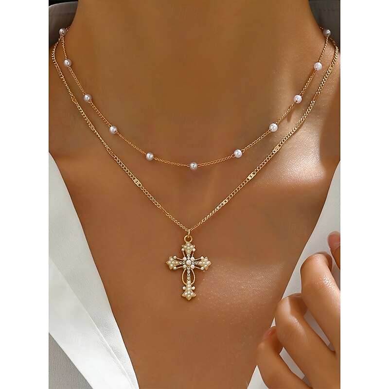 Women's Christmas Cross Necklace, Layered Gold Chain with Pearl and Rhinestone Pendant, Elegant Holiday Jewelry for Party, Wedding and Gift Giving