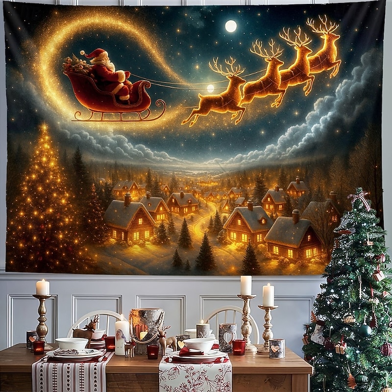 Christmas Wall Tapestry Backdrop, Santa Claus Sleigh Flying Over Village Night Sky Wall Hanging, 2025 Xmas Festive Holiday Decoration for Bedroom, Living Room, Party,Outdoor3