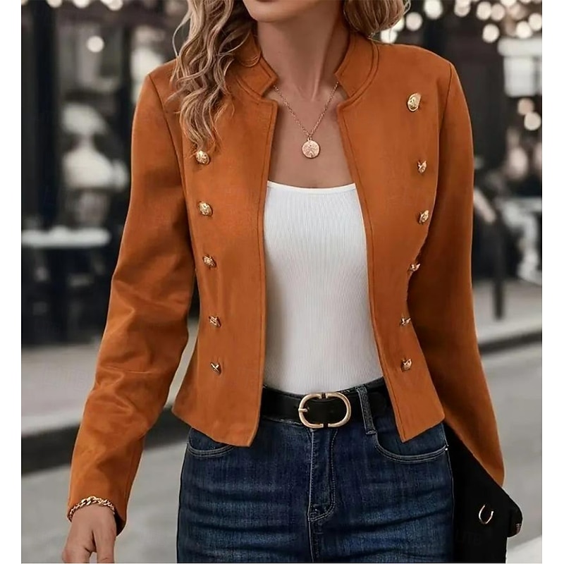 Women's Blazer Outdoor Stand Collar Buttons Solid Color Breathable Fashion Regular Fit Outerwear Long Sleeve Fall Black S2
