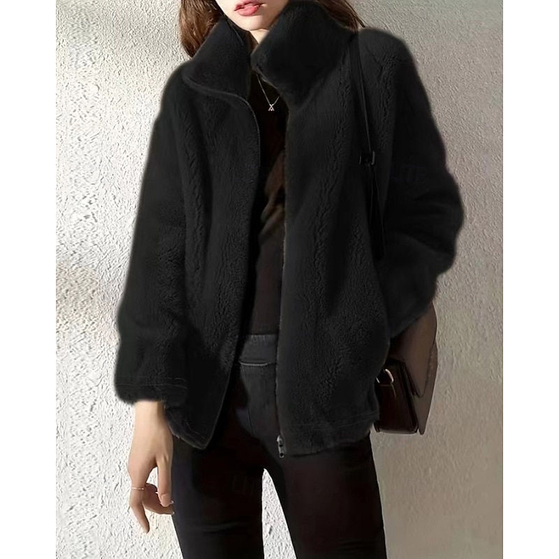 Women's Fleece Jacket Teddy Coat Warm Comfortable Zipper Pocket Casual Plain Vacation Street Daily Wear Going out Regular Stand Collar Regular Fit Long Sleeve Outerwear Black Fall Winter