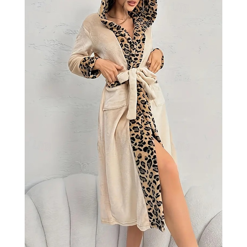 Women's Pajamas Nightgown Fashion Leopard Lace Patchwork Pocket Vacation Home Bed Long Sleeve V Neck Black Khaki Rose Red Fall Winter Tailored Fit4