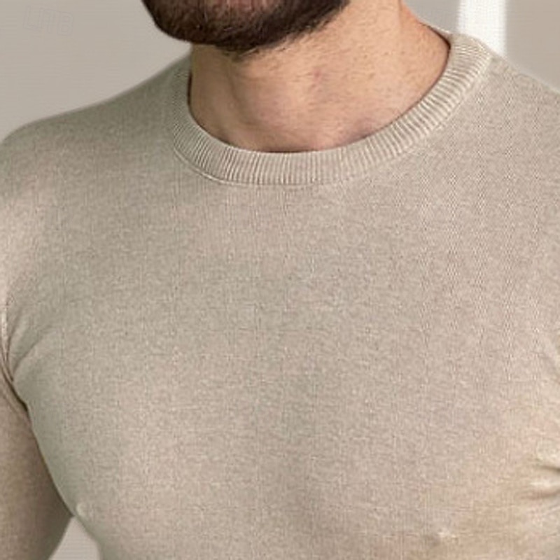 Men's Sweater Pullover Sweater Jumper Ribbed Knit Regular Tops Knitted Basic Plain Crew Neck Knitwear Contemporary Casual Daily Wear Clothing Apparel Spring Fall Khaki M L XL2