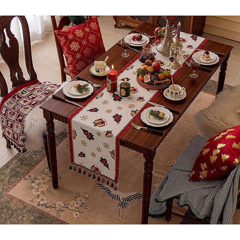 Christmas Table Runner, Holiday Chenille Jacquard Woven Table Decoration with Pendant, Festive Xmas Dining Table Decor2