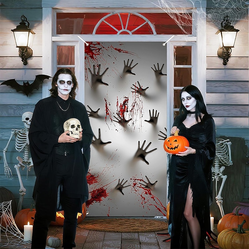 Halloween Door Cover Outdoor Banners Bloodstains Bloody Handprints 3D Dark Punk Gothic Style Party Outdoor Shooting Backgrounds Front Door Wall Porch Home Decor3