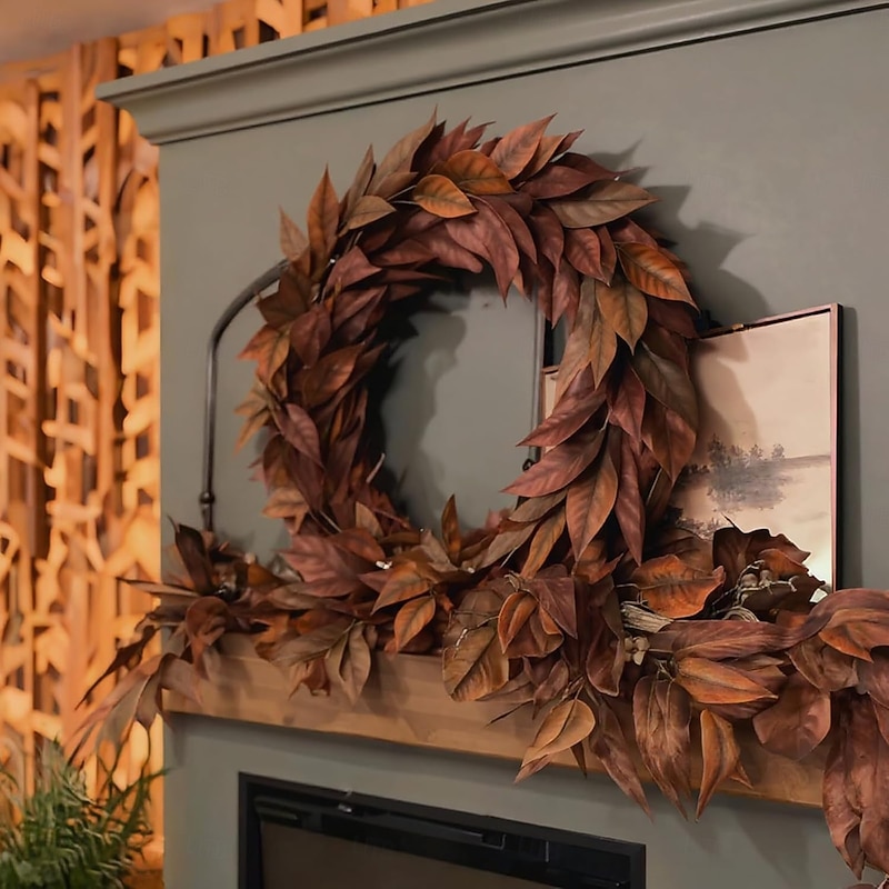 Brown Magnolia Leaf Garland, 6ft Realistic Magnolia Leaf Garland, Artificial Fall Magnolia Leaves Garlands with Pinecones, UV Resistant & Waterproof Fall Decorations for Home, Fireplace, Porch2