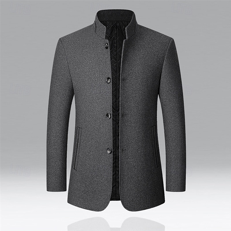 Men's Peacoat Trench Coat Vacation Daily Fall Winter Polyester Windproof Outerwear Clothing Apparel Fashion Classic Plain Pocket Stand Collar Single Breasted