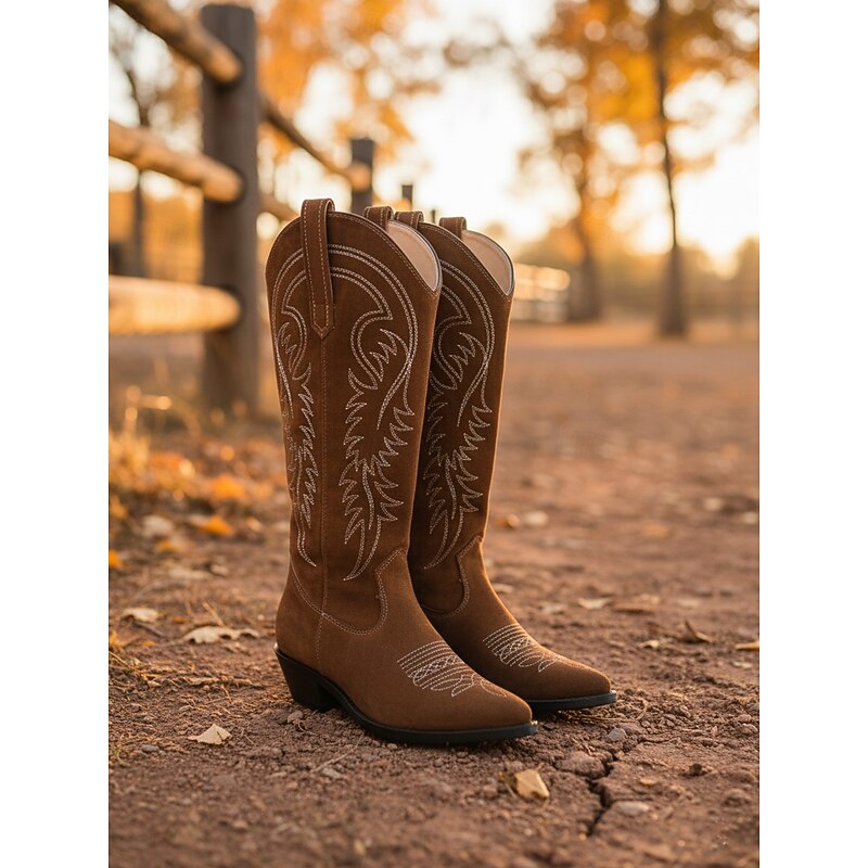 Women's Brown Cowboy Boots with Embroidered Western Stitching, Pointed Toe and Low Block Heel - Stylish Urban Casual Footwear for Women's Streetwear and Everyday Outfits3