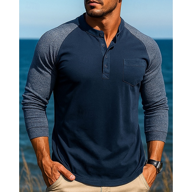 Men's Hiking Shirt Henley Shirt Long Sleeve Henley Collar Top Outdoor Breathable Winter Cotton Blend Patchwork Blue Khaki Dark Blue Tennis Golf Running