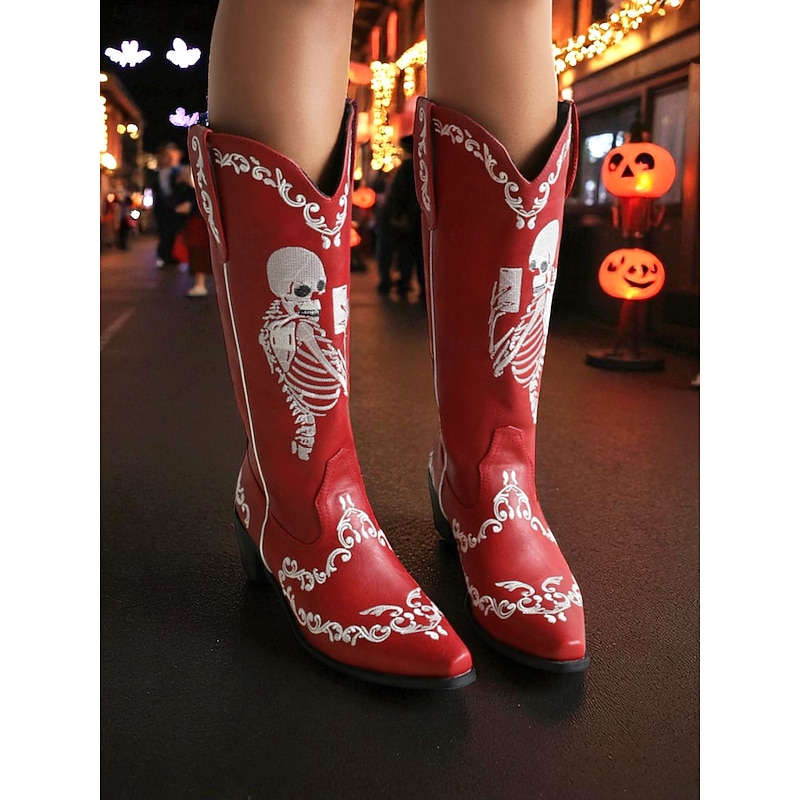 Women's Halloween Skeleton Embroidered Cowboy Boots – Gothic Western Tall Boots for Costume Parties, Spooky Festivals and Nighttime Street Style